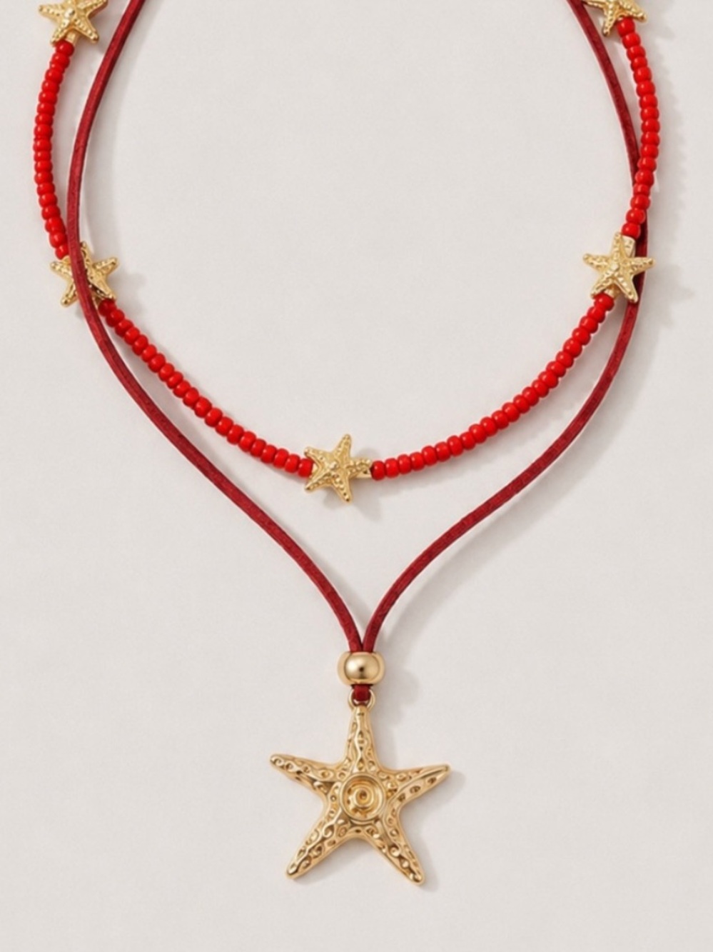 New! Preppy Colorful Red Beaded Gold Star Necklace Stack Set NWOT 5003